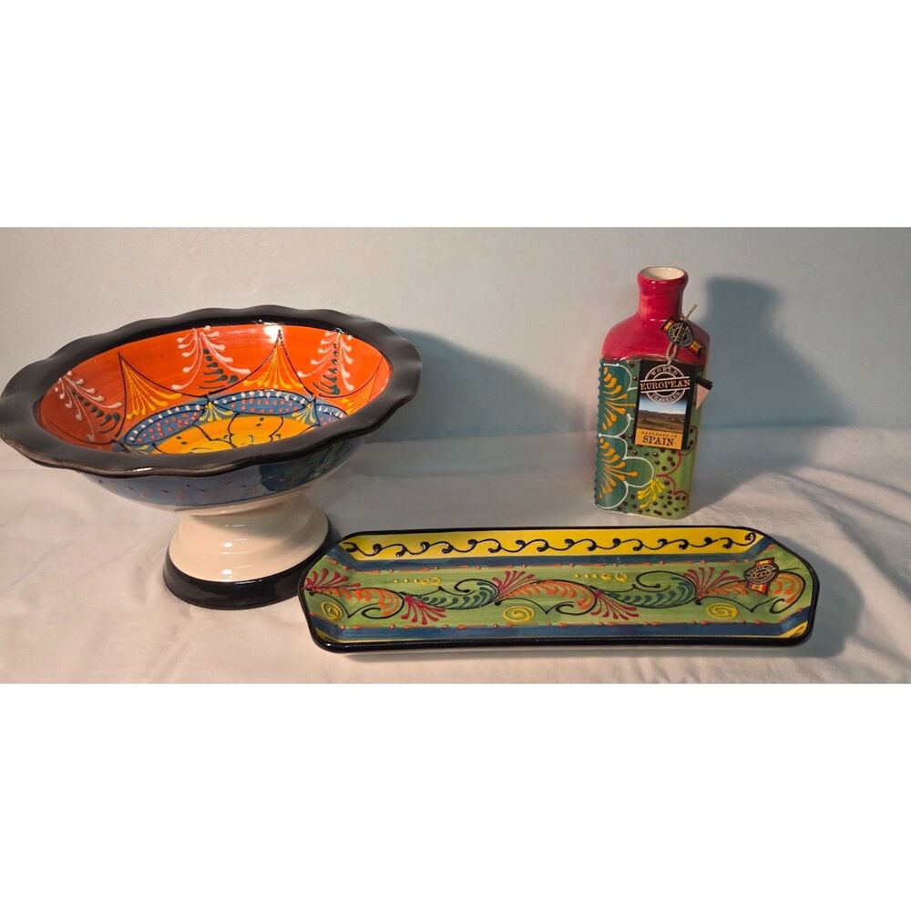 Hand Painted Spanish Pedestal Fruit Bowl Colorful Ceramic Centerpiece